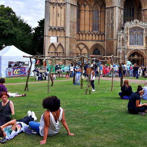 Sea Plastic Torii Henge at the Arts Council England funded ‘Future Floodlands’ Peterborough Environment City Trust Green Festival Stage, 2016. Photo: James Tovey.
